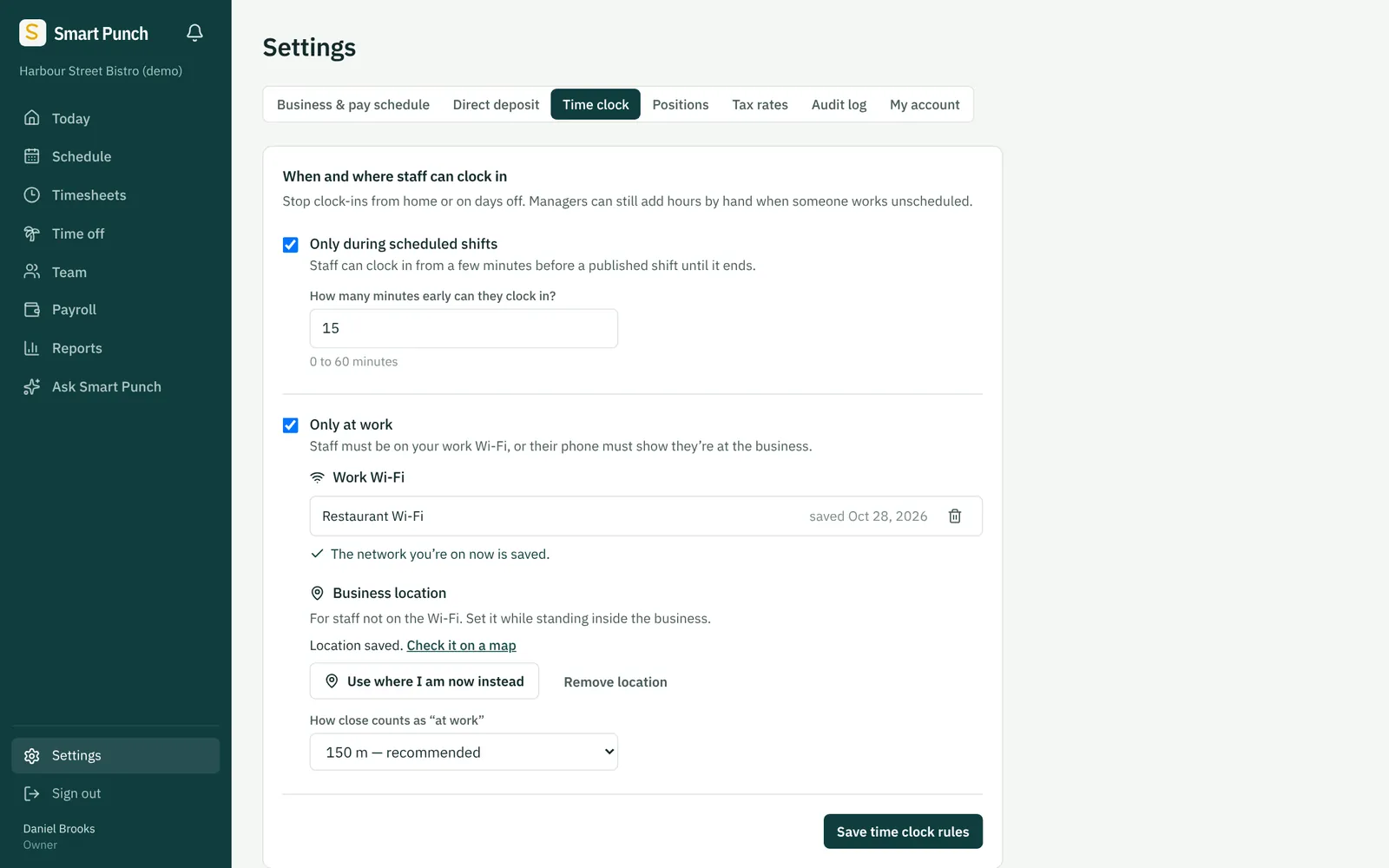 Time clock settings: only during scheduled shifts, 15 minutes early, only at work, with the work Wi-Fi saved and a business location within 150 metres.