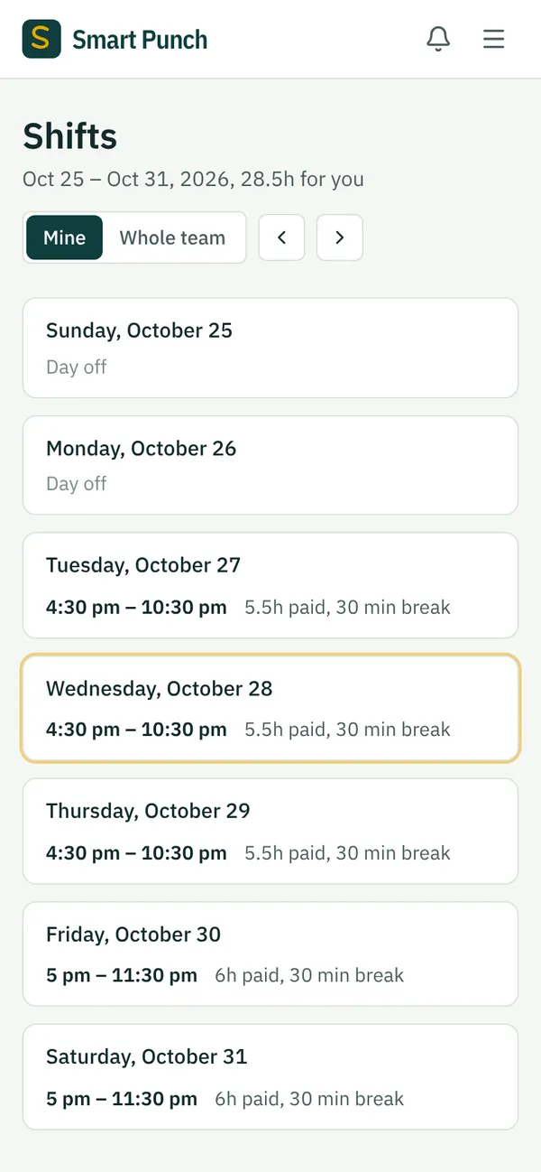 A team member’s phone showing her shifts for the week.