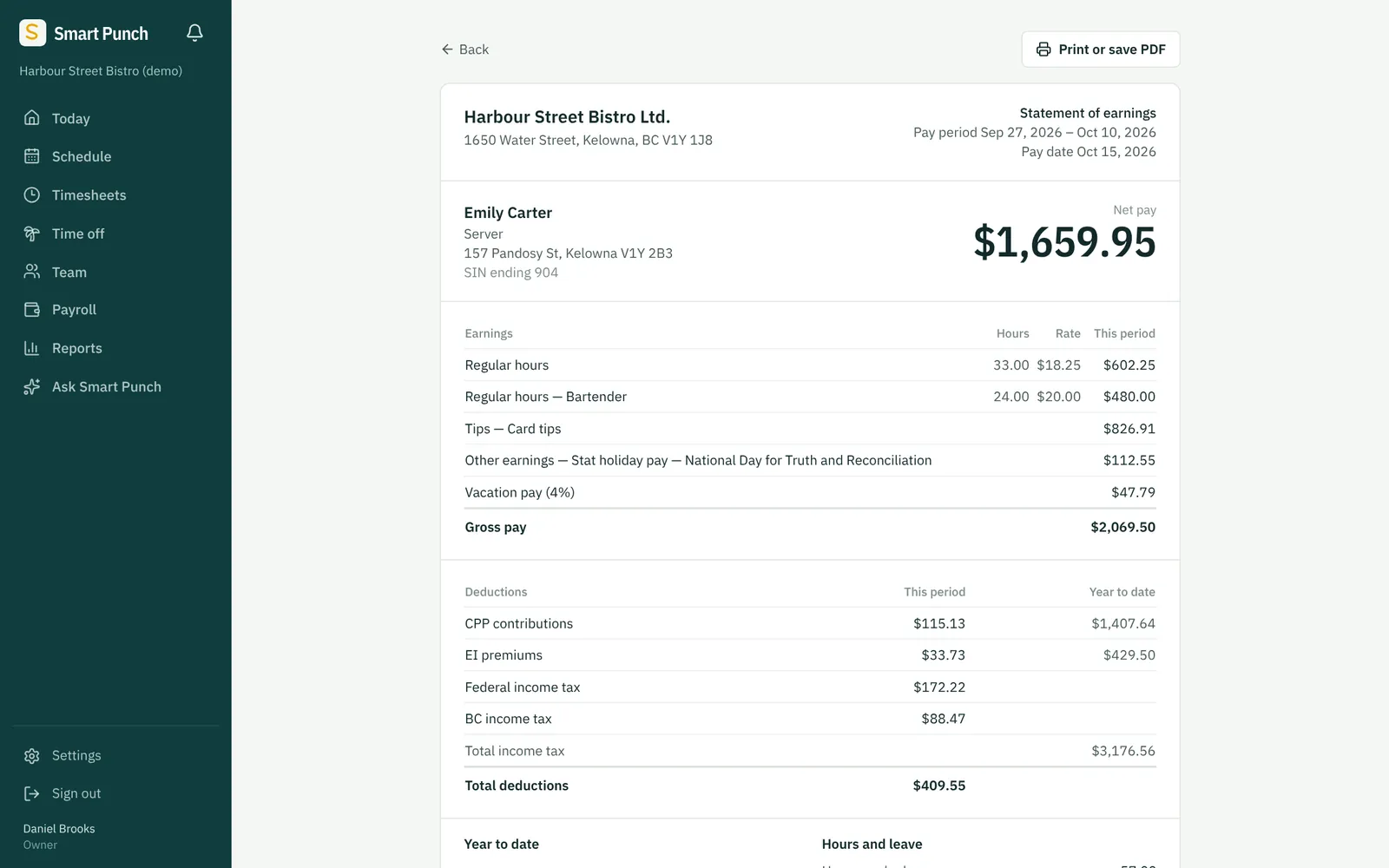 A Smart Punch pay stub listing regular and bartender hours at their own rates, card tips, stat holiday pay, vacation pay, and CPP, EI and income tax deductions.