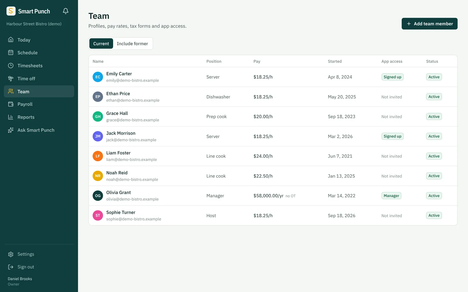 The Team page listing servers, cooks, a dishwasher, a host and a manager with their pay and app access.